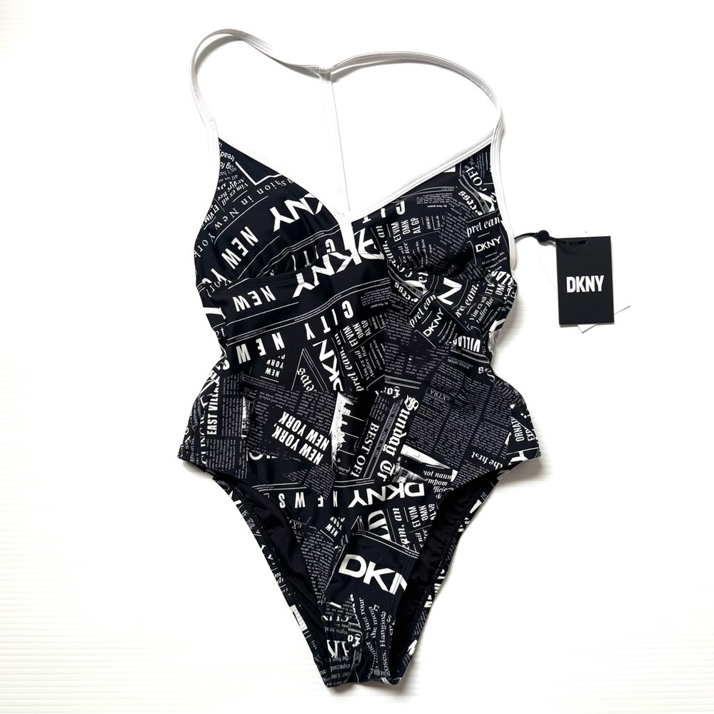 DKNY Logo Print Plunge One Piece Swimsuit Black White NWT XS - Picture 5 of 8